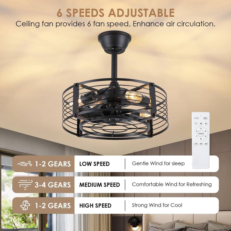 KAYLA 18'' Ceiling Fans with 7 Blades, Black Caged Ceiling Fan with Lights, E16 x 4 - N/A