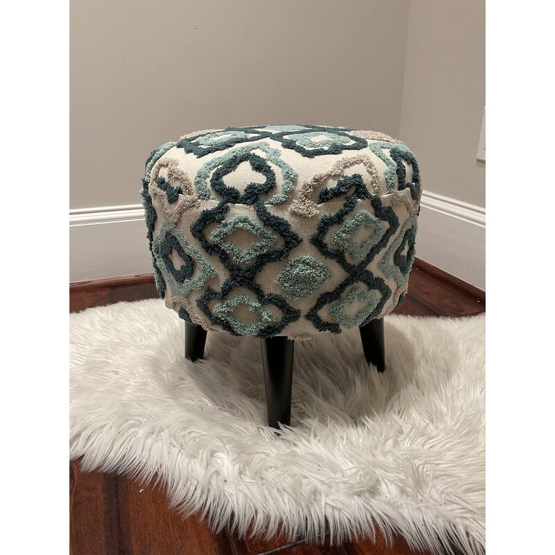 HERAT ORIENTAL Handmade Contemporary Upholstered Stools - White/Blue - 16" x 16" x 16"