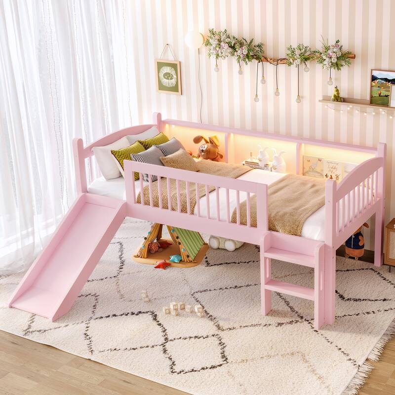 Twin Loft Bed with Storage Shelves, LED Lights & Guardrails