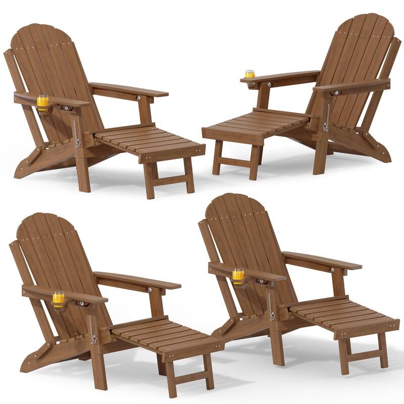 WINSOON Outdoor All-Weather HDPE Folding Adirondack Chair with Ottoman, Cup Holder & Adjustable Back Set of 4 - Teak