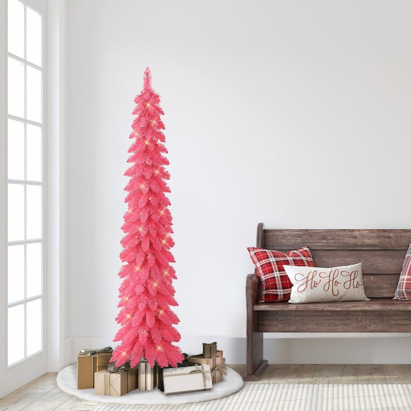 Puleo International 6 ft. Pre-Lit Pink Alpine Artificial Pencil Tree