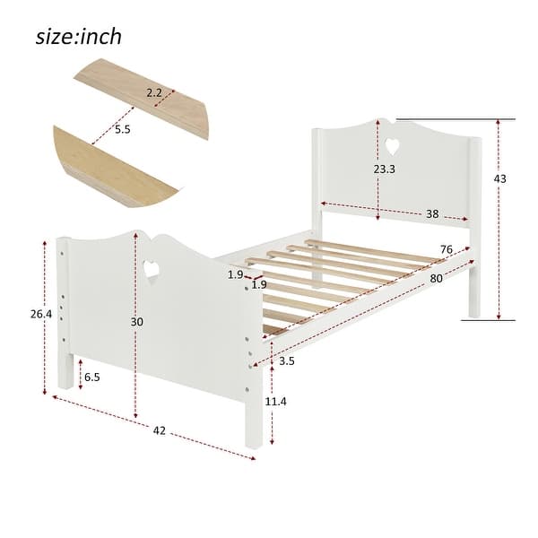 dimension image slide 1 of 2, Twin Size Platform Bed with Heart-shaped Decoration Headboard and Footboard, Slat Bed Frame with Wood Slat Support