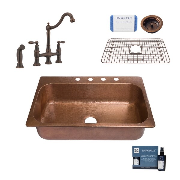 Angelico 33" Drop-in Copper Kitchen Sink with Bridge Faucet and Strainer Drain. Opens flyout.