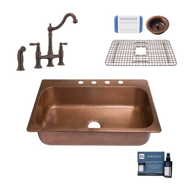 Angelico 33 Drop In Copper Kitchen Sink With Bridge Faucet And Strainer Drain Antique Copper