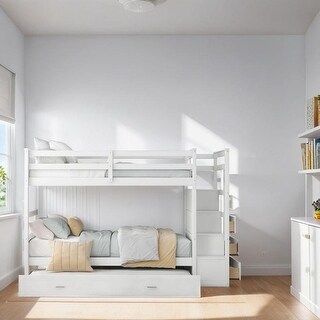 Twin Over Twin Bunk Bed with Trundle, Wooden Bed with Staircase and 4 Storage Drawers, Kid's Bed with Guardrail, White