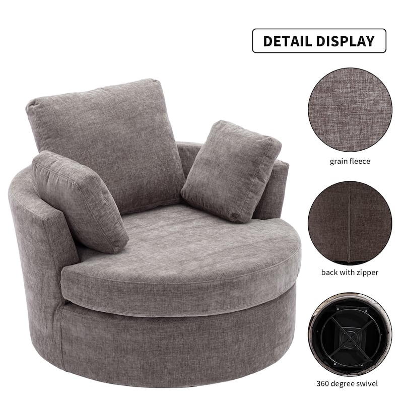 Oversized Chenille Swivel Barrel Chair, Single Round Sofa Chair with 3 Pillows, Upholstered Armchair with Curved Backrest - Gray
