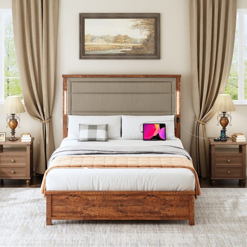 Platform Bed with Upholstered Headboard, Charging Station & LED Lights
