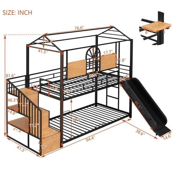 dimension image slide 2 of 3, Twin Over Twin Bunk Bed with Roof & Window, Playhouse Bed with Full-Length Guardrails, Slide and Storage Stair, for Kids Teens