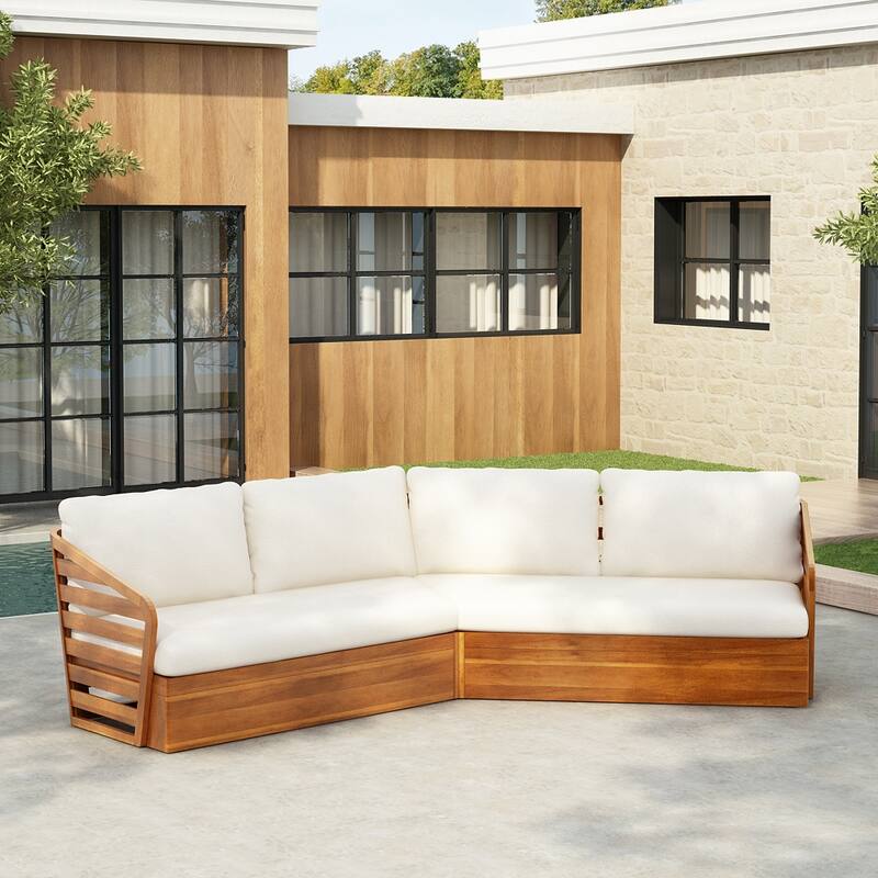 Roomfitters Outdoor Acacia Wood Patio V-Shaped Sofa Sectional Set with Cushions, Beige - Teak+ Beige