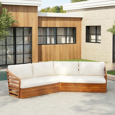 Roomfitters Outdoor Acacia Wood Patio V-Shaped Sofa Sectional Set with Cushions, Beige