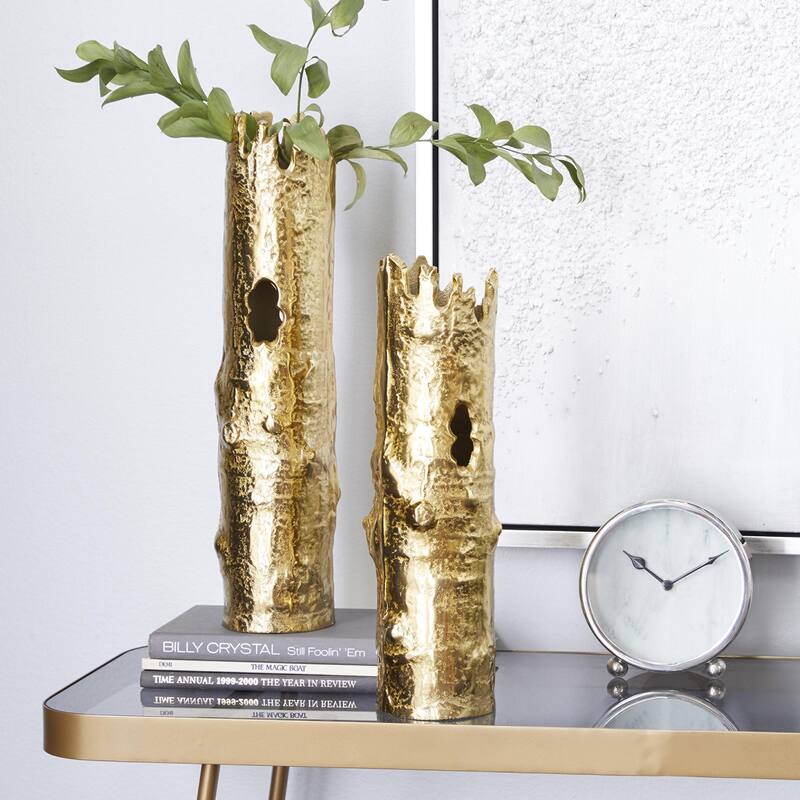 Aluminum Metal Tree Trunk Inspired Decorative Vase - Set of 2 Gold or Silver - CosmoLiving by Cosmopolitan