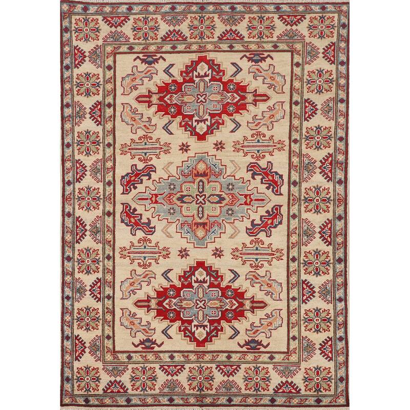 Geometric Beige Kazak Area Rug Handmade Oriental Wool Carpet - 3'11" x 5'10"