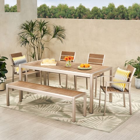 Cape Coral Outdoor Modern 6 Seater Aluminum Dining Set with Dining Bench by Christopher Knight Home