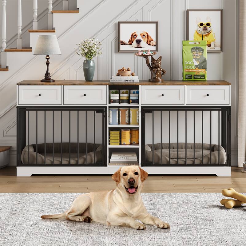 Double Dog Crate Furniture, Large Wooden Dog House with 4 Drawers - Brown/White
