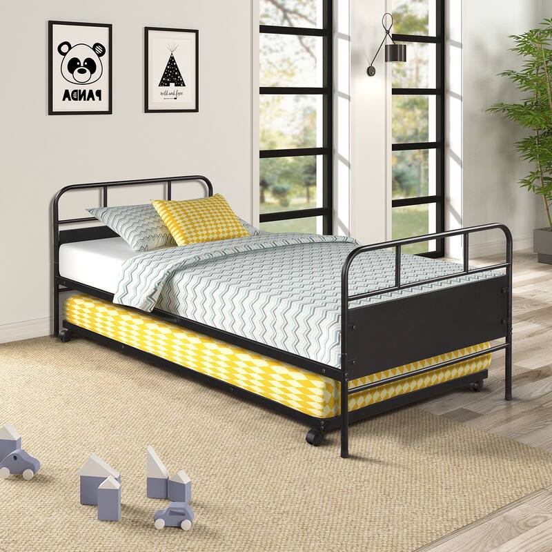 Metal Daybed Platform Bed Frame with Trundle Builtin Casters, Twin