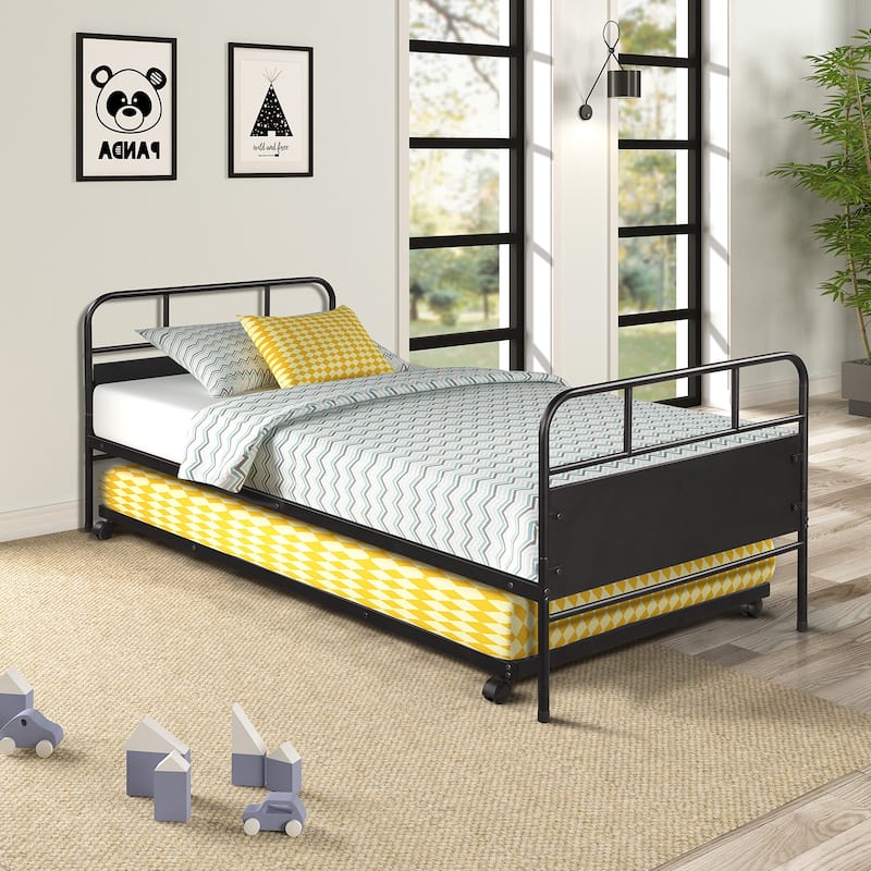 Twin Size Metal Daybed Platform Bed Frame with Pull-Out Trundle and Built-in Casters
