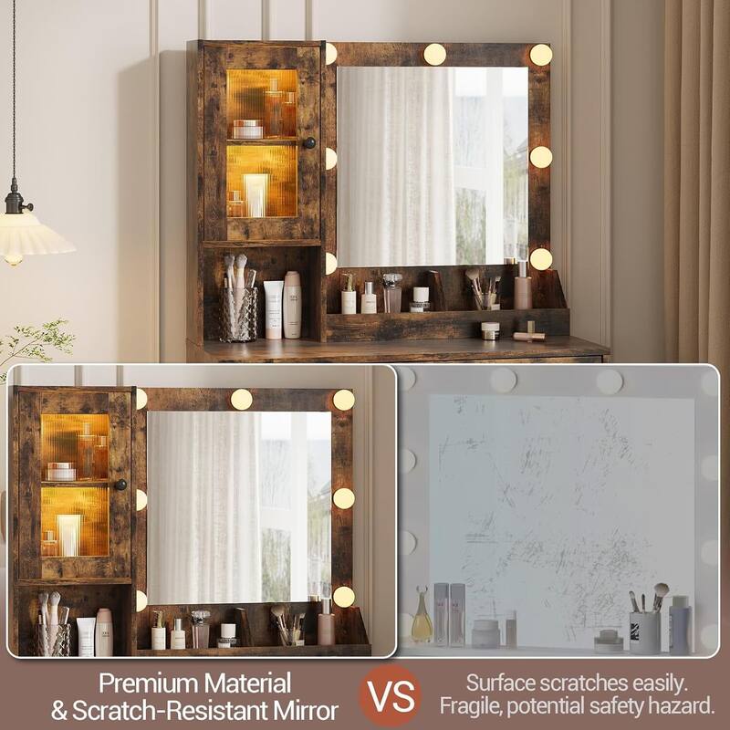 Vanity Desk, Makeup Dressing Table with LED Lights, Mirror, Built-in Outlets & USB Ports