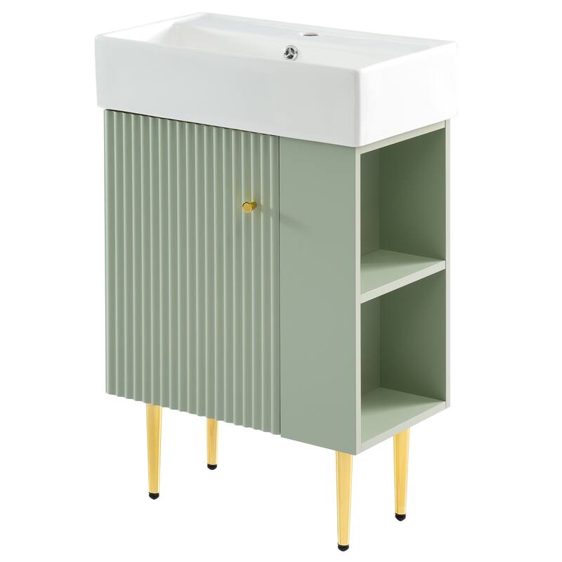 Bathroom Vanity with Ceramic Sink, Solid Wood Cabinet with Open Shelves, Freestanding Bathroom Vanity with Metal Legs