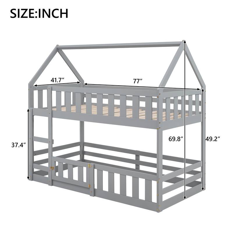 Gray Twin Over Twin House Bunk Bed with Fence and Door