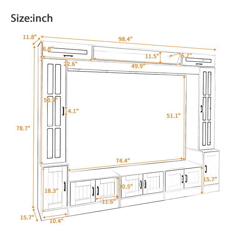 98.4'' Wall Unit Entertainment Center for TVs up to 80'', Modern Media Console with Bookshelves, Glass Doors & Cabinets