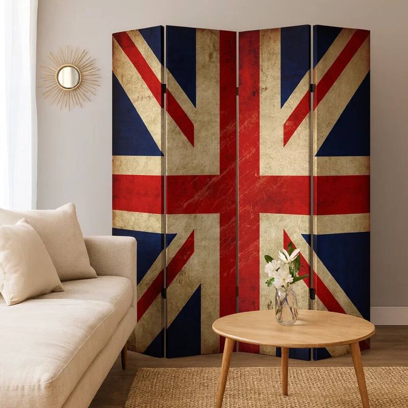 Alfie 71 Inch Folding Screen Room Divider, Union Jack Printing, 4 Panels