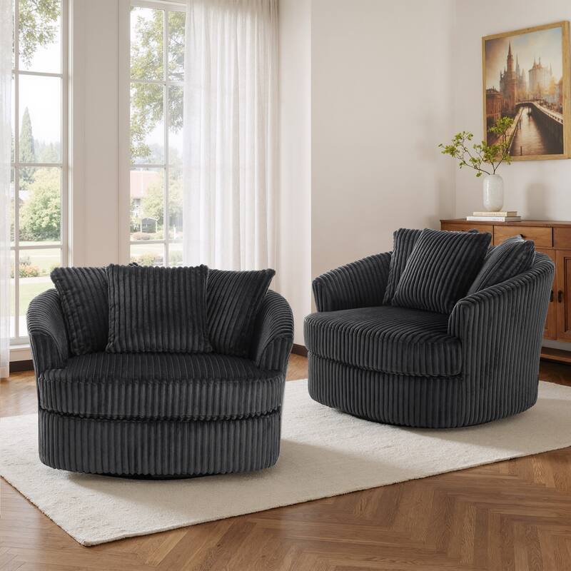 Oversized 43" W Plush Corduroy Slipcovered Swivel Barrel Chair with Pillows Set of 2