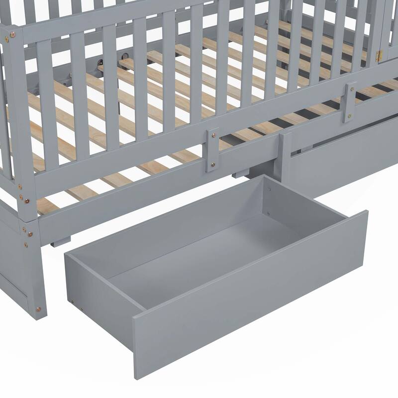 Twin Size Wood Daybed with Fence Guardrails and 2 Drawers