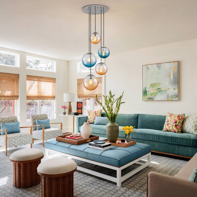 Modern 5-Light Cluster Glass Globe Pendant Light with Gradient Shades - Silver