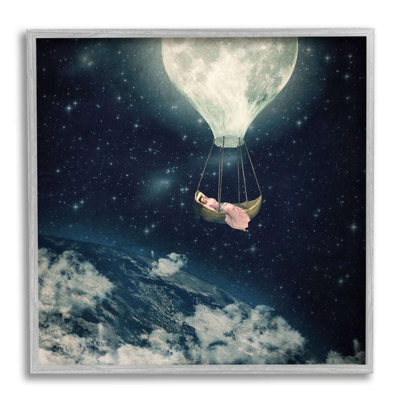 Stupell Dreamlike Moon Balloon Galactic Outer Space Clouds Framed Wall Art - Blue - 17 x 17 - Grey