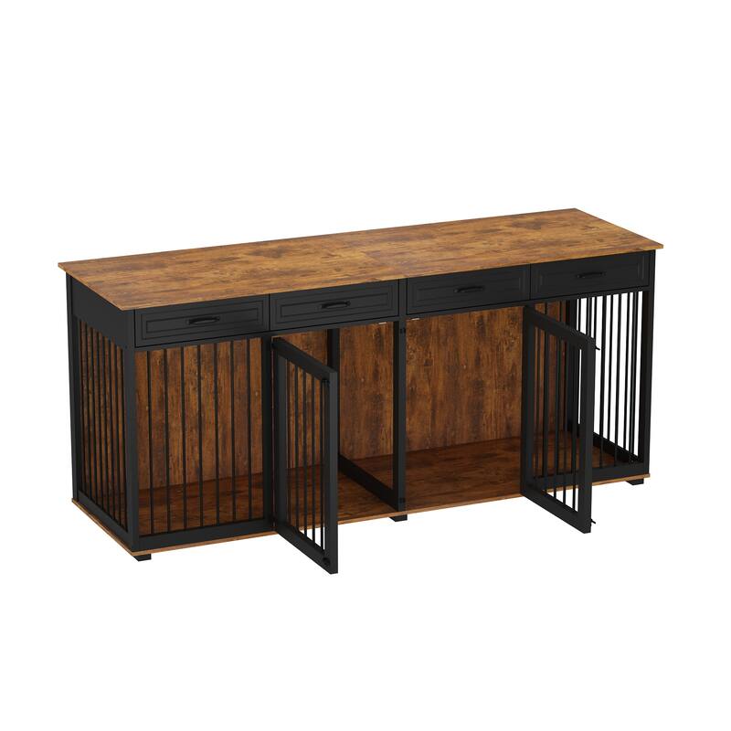 86.6"Wooden Dog Crate Kennel with 4 Drawers,Double Dog Crate Furniture
