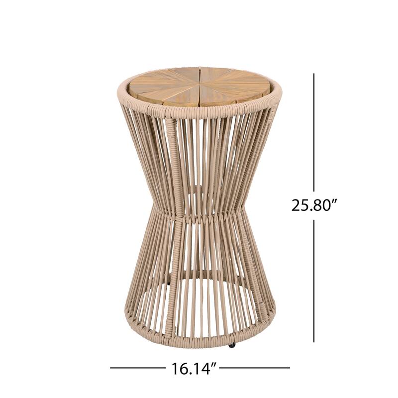 Roomfitters 25.8" Outdoor Side Table Modern Woven Rope Hourglass Patio Accent Table with Teak Wood Finish Top