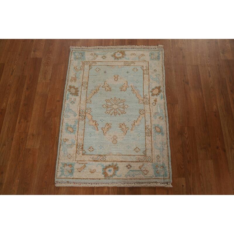 Hand Knotted Oriental 100% Wool Carpet Transitional Geometric Navy Blue & Blues Oushak Area Rug - 2' 11'' X 2' 1''