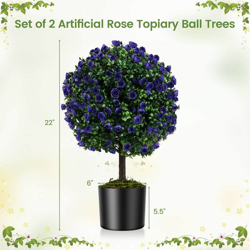 Artificial Purple Rose Topiary Ball Tree Artificial Shrubs Bushes - Green & Purple
