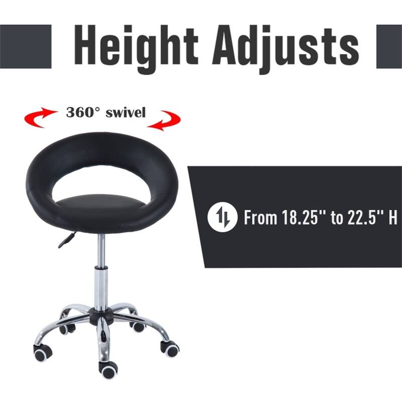 Black Faux Leather Round Ottoman Stool with Adjustable Height and Rolling Casters for Salon Studio and Office Use