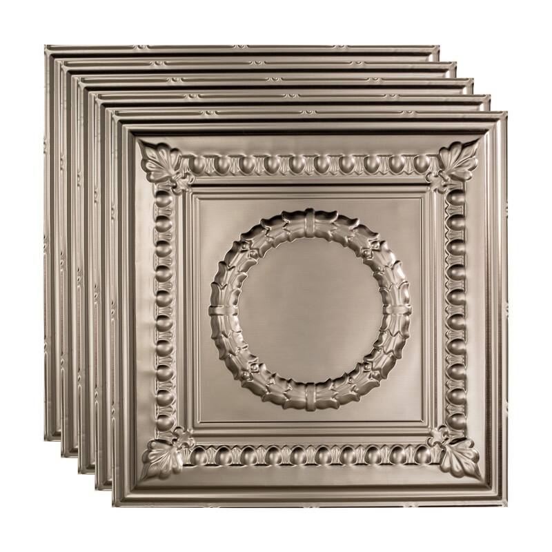 FASÄDE Rosette Decorative Vinyl 2ft x 2ft Lay in Ceiling Panel in Brushed Nickel (5 Pack) - 5 Pack - Brushed Nickel