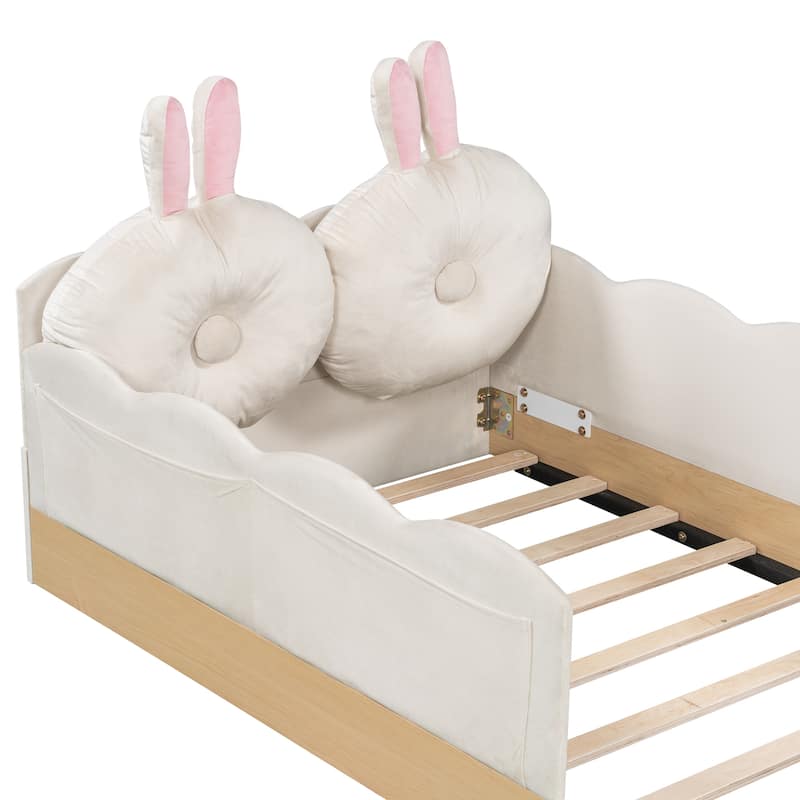Twin Size Upholstered Bed with Bunny Ear Shape Pillows and Rabbit Tail Footboard, Storage Bags, Wave Frame Platform Bed