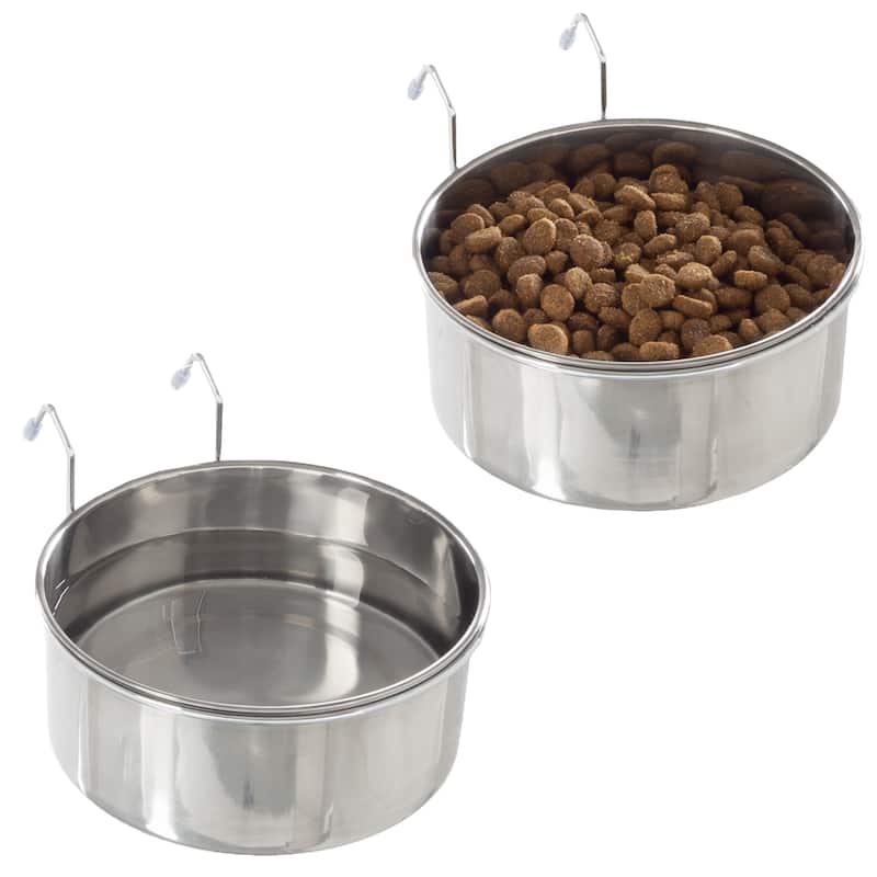 Set of 2 Stainless-Steel Dog Bowls - Cage, Kennel, and Crate Hanging Pet Bowls for Food and Water