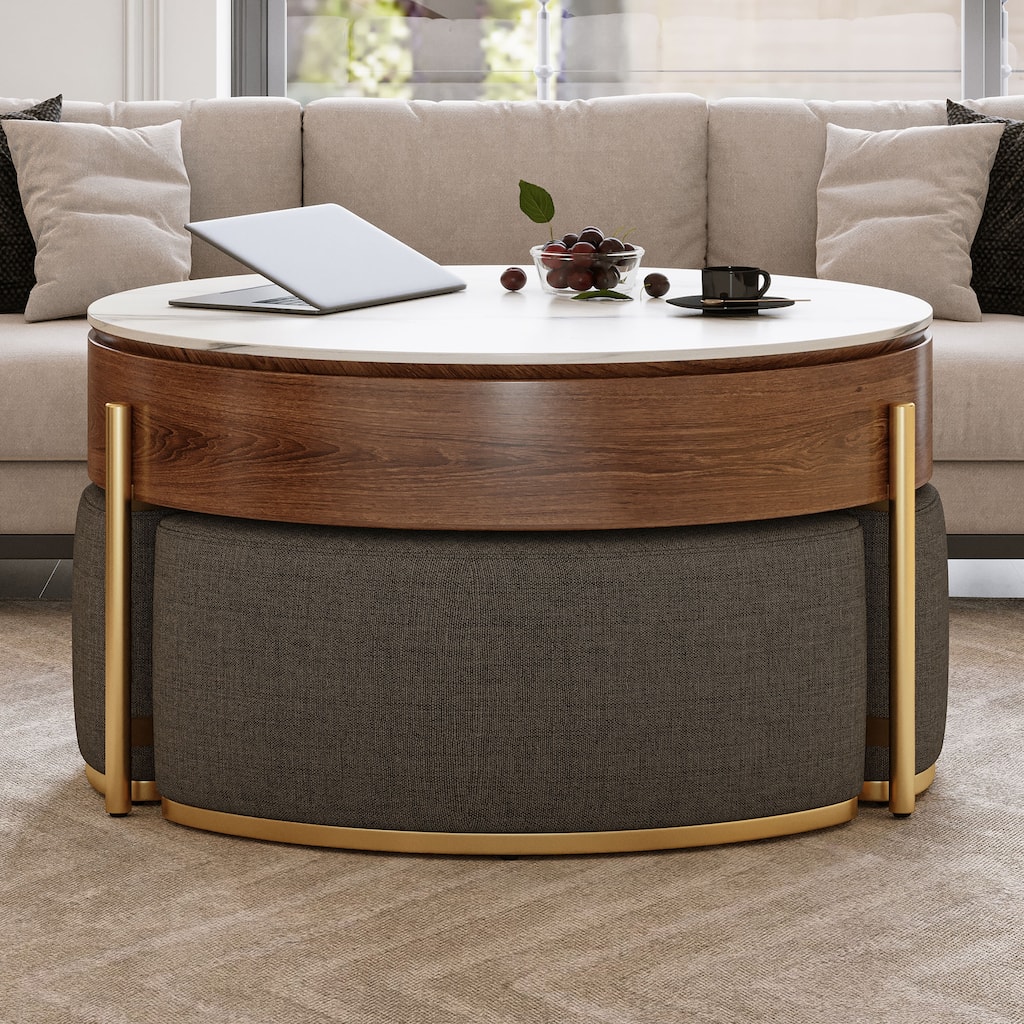 GDFStudio - Contemporary 31.5" Round Lift-Top Coffee Table with Hidden Storage & 3 Upholstered Nesting Ottomans