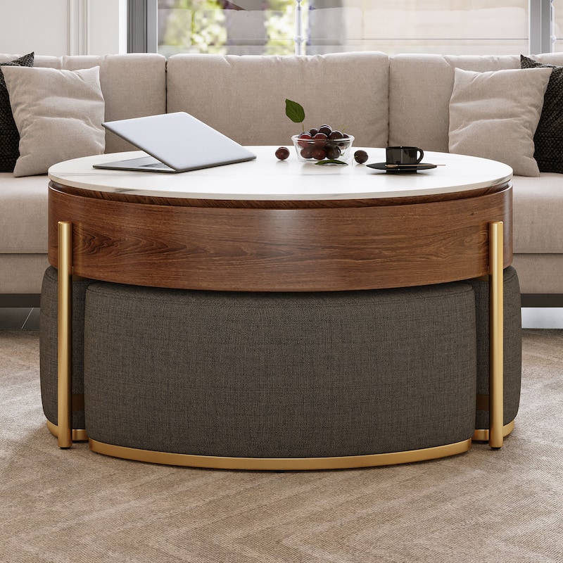 Modern Lift-Top Round Coffee Table with Hidden Storage, 3 Nesting Upholstered Ottomans, Walnut Veneer and Sintered Stone Top