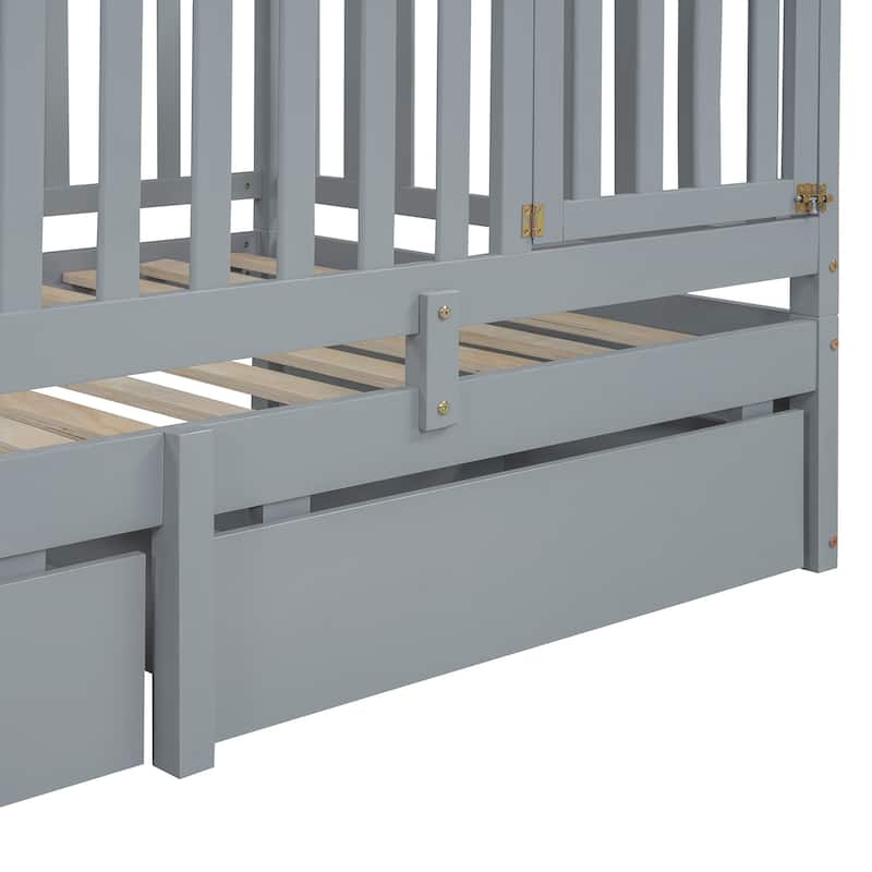 Gray Twin Size Solid Wood Daybed with Fence Guardrails and 2 Drawers, Split into Two Beds