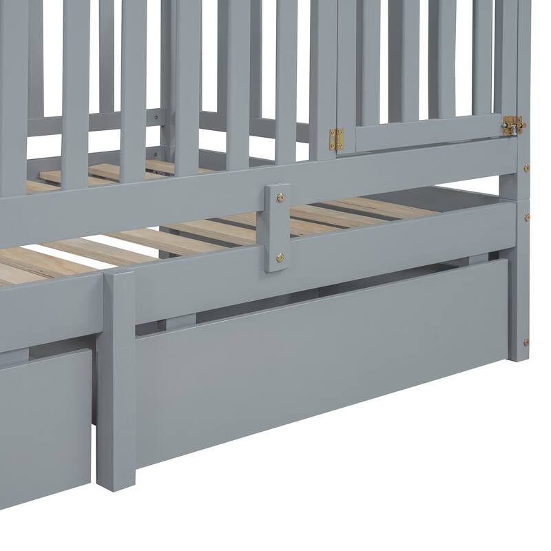 Solid Wood Daybed with Fence Guardrails and 2 Drawers, Split into Independent for Bedroom