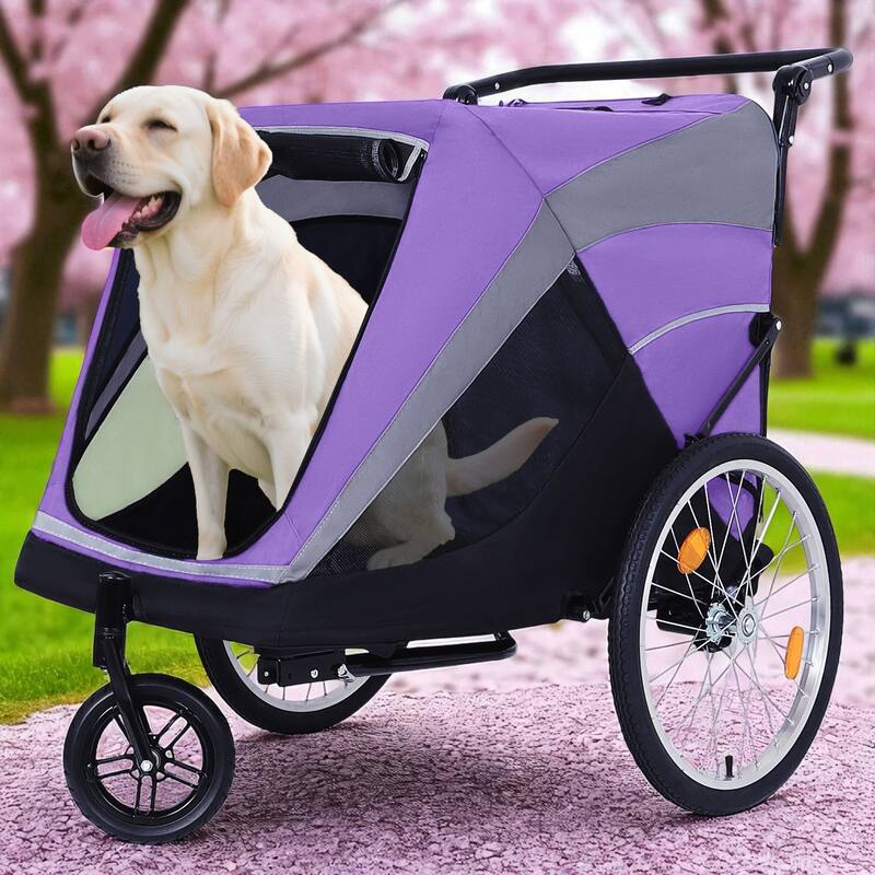 2-in-1 Pet Bike Trailer & Push Cart - 100LB Dog Carrier with Quick Release Wheels, Storage Bag & Safety Leash - Purple Black