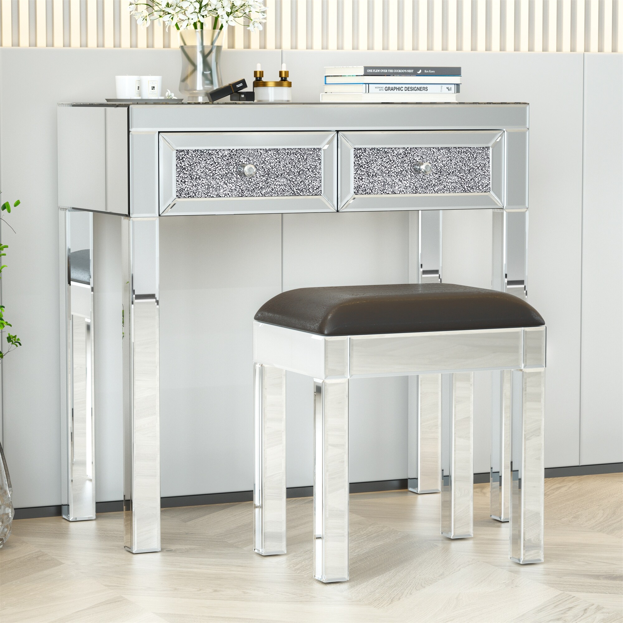 Mirrored vanity bench sales