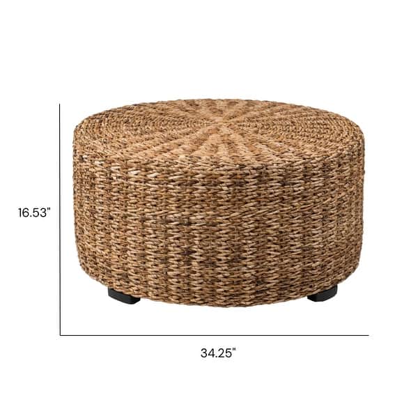 dimension image slide 3 of 4, Hand-Woven Natural Abaca Wood Round Coffee Table Ottoman by East at Main
