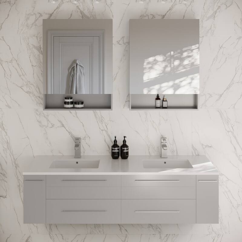 Fresca Lucera 60" Wall Mounted Double Basin Vanity Set with Cabinet, - Gray