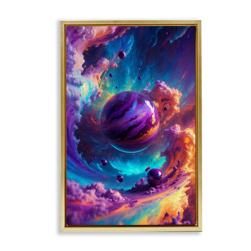 Stupell Surreal Planets with Chromatic Clouds Framed Floater Canvas Wall Art Design By Wumples - 17 x 25 - Gold