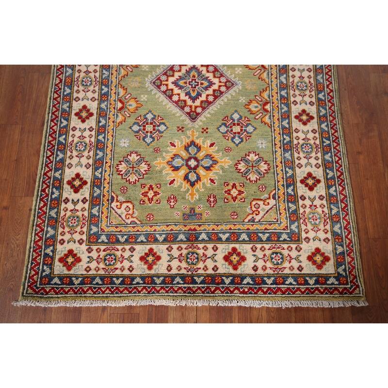Light Green Kazak Accent Rug Handmade Wool Carpet - 3'4" x 4'9"