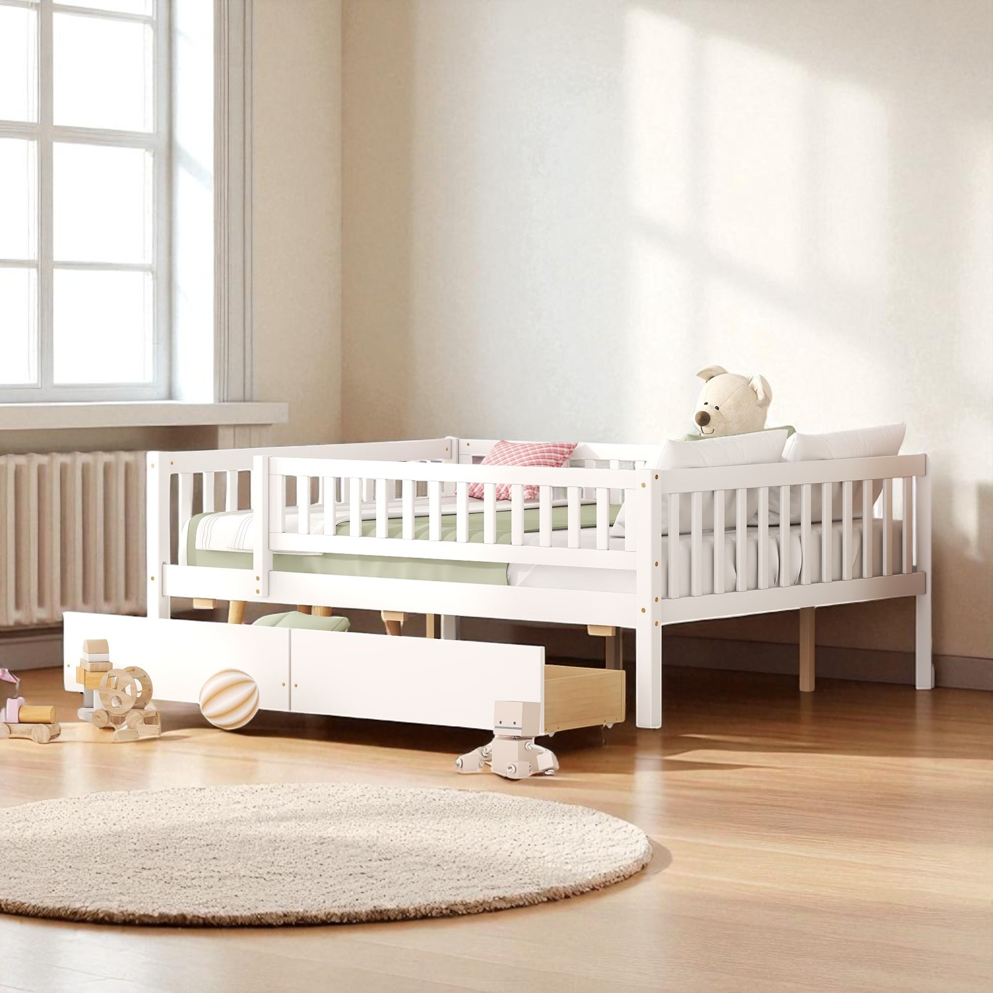 Full Size Wood Daybed Frame with Storage Drawers and Slat Support, No Box Spring Required