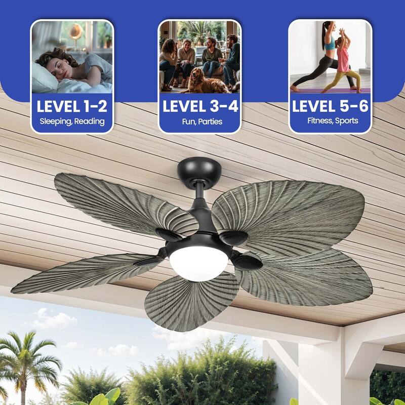 Silent Operation Tropical Ceiling Fan - 52 Inch, DC Motor, 6-Speed, Remote Control faux wood grain palm leaf blades - 52"