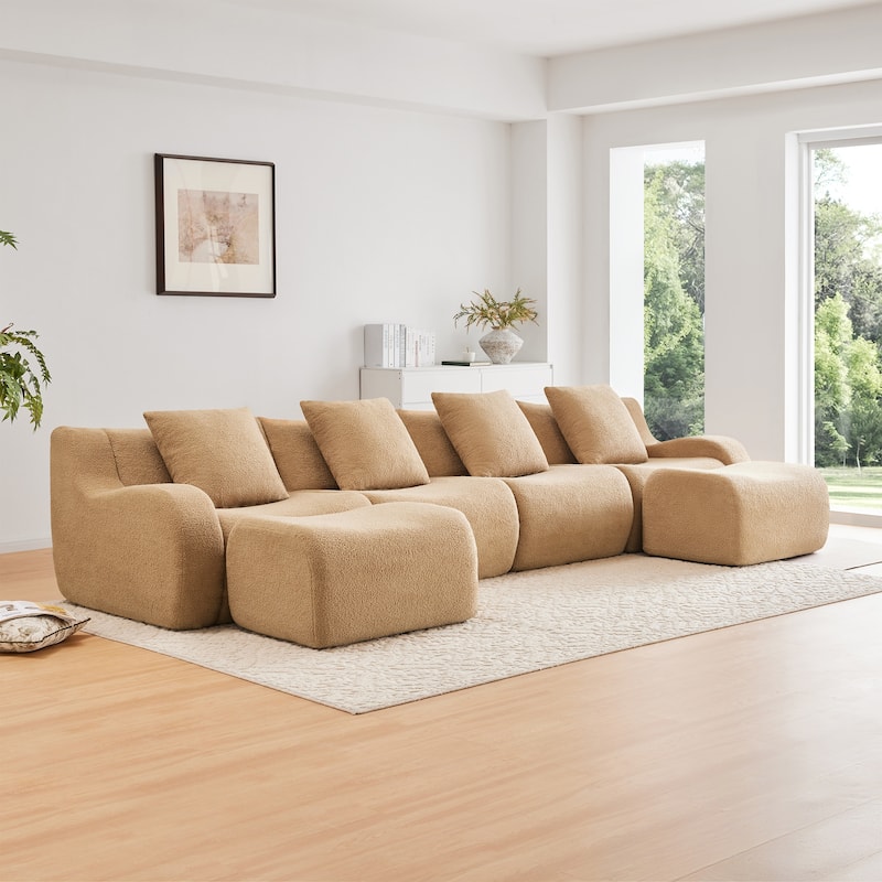 118" Modern U Shaped Modular Sectional Sofa, Boneless Couches for Living Room with Ottoman, 4 Seater Teddy Fabric Couch Sofa Set
